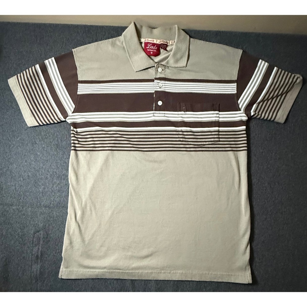 Lada The Original Style Mens Brown Tan Striped Short Sleeve Pocket Polo Shirt M